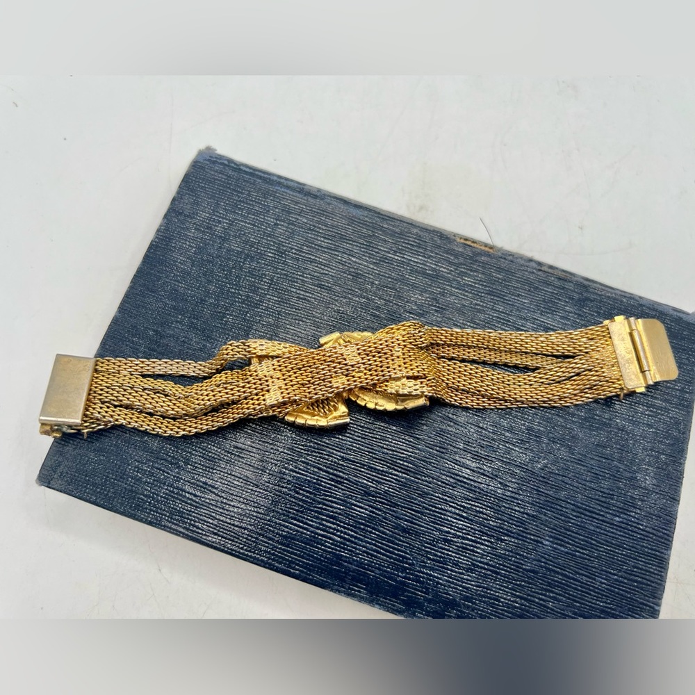 Rare vintage HOBE gold & AB rhinestone costume bracelet 7” multi strand chain - Picture 9 of 14